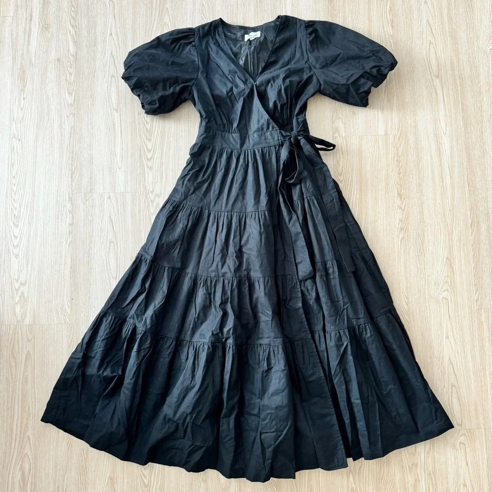 Puff sleeve wrap dress linen cotton midi nwot_4
